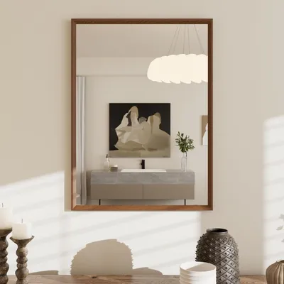 Image de Miroir de salle de bain, 56x76 cm, couleur marron, forme rectangulaire, imitation bois, verre de sécurité, résistant à l'eau