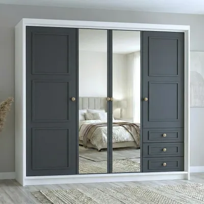 Produktbild von Geräumiger vier­türiger Kleiderschrank OSLO mit Schubladen und Metallgriffen – modernes Design Farbe:Weiß | Graphit
