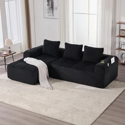 Obrázek produktu pro STILVORA: Pohodlná pohovka do obývacího pokoje nebo pracovny, s boční kapsou a držákem na nápoje, modulární design, potah z cordury, 3 polštáře, černá barva