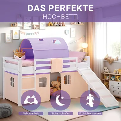 Produktbild von Homestyle4u Hochbett 90x200 Kinder Weiß mit Lattenrost Rutsche Vorhang Tunnel peach lila Kinder Weißbett Spielbett