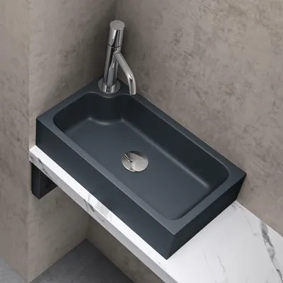 Immagine prodotto di doporro Lavandino Bagno da Appoggio Lavabo ad Angolo Rettangolare con Foro Rubinetto e Vasca a Destra, Design Moderno in Marmo Resina con Nano Rivestimento 46x26x11cm Antracite Opaco, Colossum101