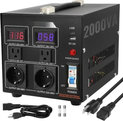 Obrázek produktu pro 2000W měnič napětí transformátor - AC 110V⇋220V - 2x US zásuvky NEMA 5-15R - 3-pin/2x standardní evropské výstupní zásuvky Shucko - 1x 5V USB připojení - 1x zásuvka typu C.