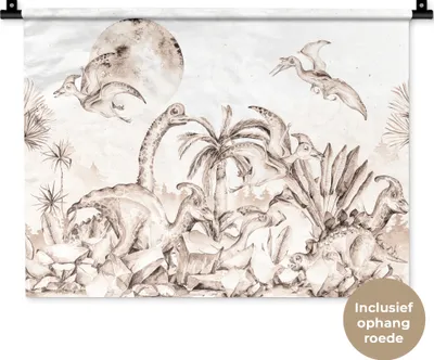 Produktbild von MuchoWow® Wandteppich Wandbehang Dino - Kinder - Dschungel - Pflanzen - Kinder 60x45 cm Tapisserie Dekoration Wandtuch - Das Schlafzimmer