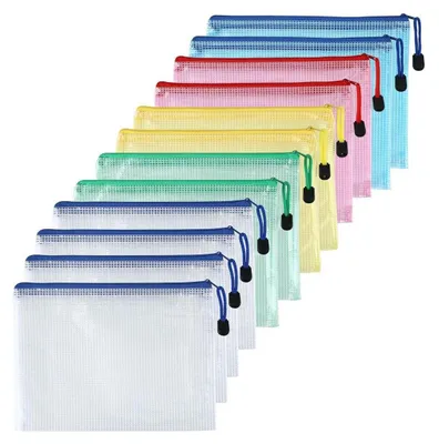 Image de Pochettes de documents A5, lot de 12, imperméables, en mesh et PVC, 5 couleurs, avec fermeture éclair