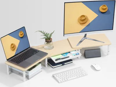 Zdjęcie produktu dla Stojak na dwa monitory - Regulowany podwyższenie dla monitora z półką i uchwytem na telefon
