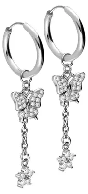 Produktbild von Chirurgenstahl Ohrclicker Creolen KRISTALLSCHMETTERLING + KRISTALLBLUME Silber Innendurchmesser: 14mm + Designstärke: 1,6mm