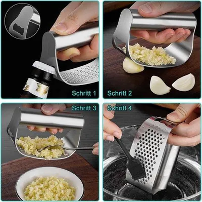 Produktbild von Edelstahl Knoflookpresse Set mit Silikon Scheller und Reinigungsbürste