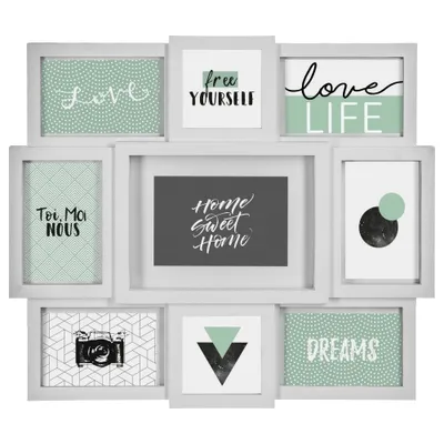 A white multi-photo frame collage with various artistic and text-based images inside.