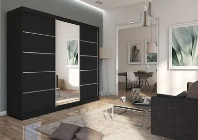 Produktbild von AGMAT Schwebetürenschrank Kira, Kleiderschrank mit 3 Türen und Spiegel, Moderne Garderobe in Farbe: Schwarz / Schwarz, Schrank in Größe: 240 x 216 x 61 cm