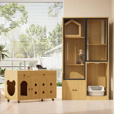 Produktbild von MODFU Haustiermöbel Kleintier-Häuser set mit Katzenstreu-Schrank,Glas-Katzenvilla mit Kratzpfosten,Katzenhaus für mehrere Katzen,Ahornholzfarbe