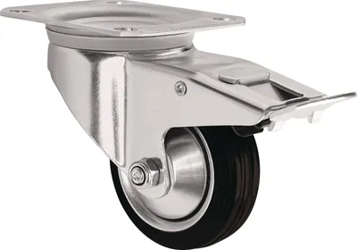 Image de Roulette pivotante avec frein total - Roue de 100 mm, capacité de charge de 75 kg, avec frein total, caoutchouc plein, 105 x 80 mm