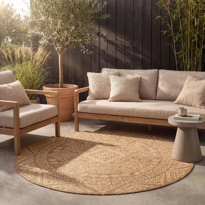 Produktbild von Volero - Jute Gartenteppich Rund - Mavi Medaillon Creme Braun - Ø 120 cm - Garten / Terrasse, Flur - Boho, Ländlich