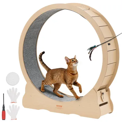 Productafbeelding van VEVOR kattenlooprad, 1080 mm binnendiameter, houten looprad voor katten van 8,6-12,7 kg, met tapijtoppervlak en vergrendelingsmechanisme, stil speelgoed voor binnenshuis