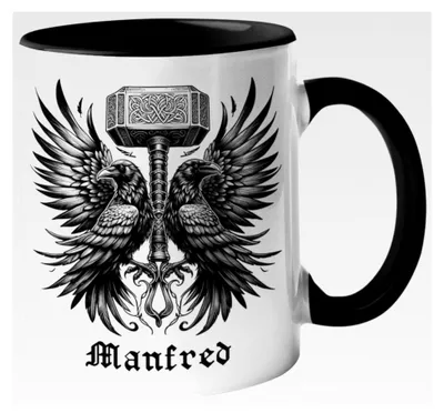Produktbild von Personalisierte Wikinger Tasse | Motiv Thors Hammer und Raben | mit Namen