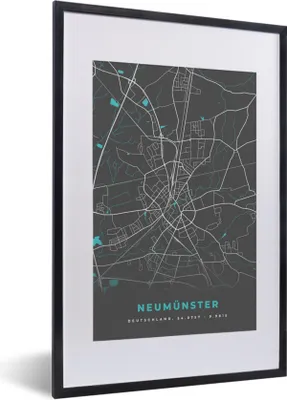 Produktbild von MuchoWow® Gerahmtes Poster Neumünster - Stadtplan - Blau - Karte - Deutschland 40x60 cm - Poster mit Schwarzem Bilderrahmen Wandposter Rahmen Foto Bilder - Poster in Rahmen