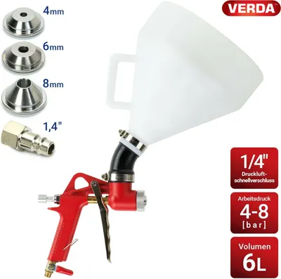 Produktbild von Trichterpistole 6L mit 3 Düsen: 4 mm, 6 mm & 8 mm + Gelenk, Druckluftschnellverschluss 1/4", Arbeitsdruck: 4 bis 8 bar, Putzlackierpistole Putzpistole