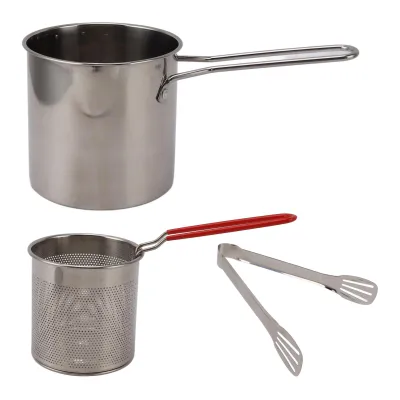 Image de Poêle en acier inoxydable, résistante à la chaleur, permettant d'utiliser moins d'huile, portable, mini-poêle en métal avec long manche, lot de 3 avec clip