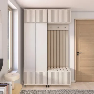 Produktbild von Garderoben-Set Ritmo Version 2 – gefräster Kleiderschrank mit hohen Füßen, Schuhschrank, Hängeschrank für den Flur (cashmere, Trinity 02)