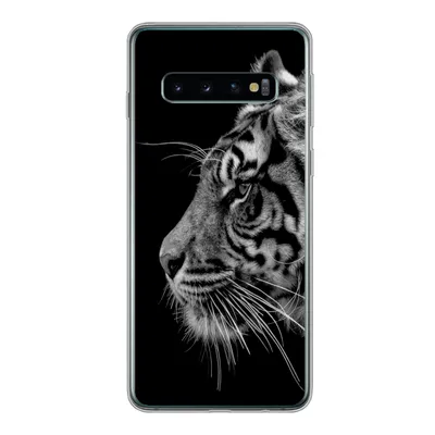 Produktbild von MuchoWow® Handyhülle Schutzhülle Hülle für Samsung Galaxy S10 Tiger auf schwarzem Hintergrund in schwarz und weiß Silikon Softcase Handy Hülle - Handytasche