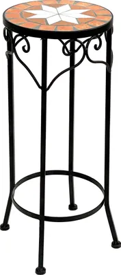 A round mosaic plant stand with a decorative metal base.