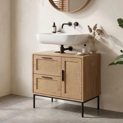 Produktbild von FineBuy Waschbeckenunterschrank Eiche-Optik 60x60x40 cm mit Tür und Schubladen Badezimmerschrank mit Rattangeflecht Unterschrank Stehend Badschrank