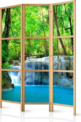 Produktbild von Paravent Wasserfall Natur 135x171 cm - 3-teilig - einseitig - eleganter Sichtschutz - Raumteiler - Trennwand - Raumtrenner - Holz - Design Motiv - Deko - Japan c-B-10009-z-b