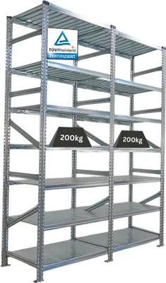 Produktbild von Fachbodenregal PROXIMO mit  Stecksystem | Komplettregal | HxBxT 250x180x60cm | 7 Ebenen | Beidseitig nutzbar | Verzinkt