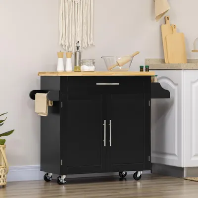 Produktbild von Küchenwagen mit Schrank, Servierwagen Kücheninsel, Gewürzregal, Handtuchhalter, Schwarz | 109x40x89 cm | Gummiholz, MDF