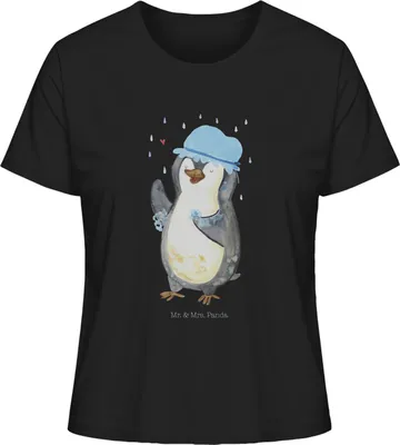 Produktbild von Mr. & Mrs. Panda Damen T-Shirt Pinguin Duschen Größe M - Schwarz - Geschenk, baumwollshirt, Duschkonzert, Lebensmotto, Oberteil, Kurzarmshirt, Basic, Dusche, Sommershirt