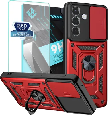 Produktbild von Armor Handyhülle für Samsung Galaxy S26 mit 9H Displayglas Displayschutz Kameraschutz Handy Panzer Case Cover Schutzhülle Outdoor Farbe: Rot