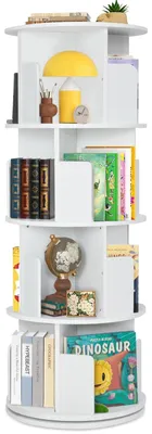 Rundes Bücherregal, 4 Ablagen, drehbar, 46x46x127 cm, weiß