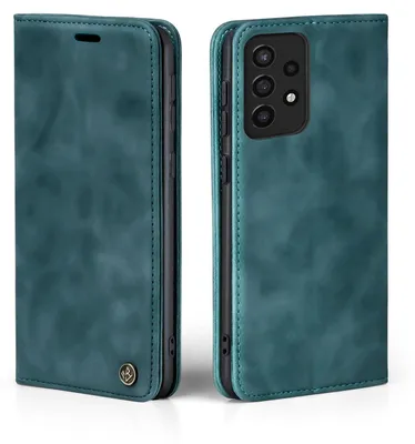 A teal flip case for a Samsung Galaxy A72 phone is shown from two angles.