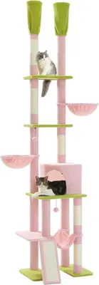 Produktbild von Purpurra Kratzbaum Deckenhoch Moderner Kaktus Katzenkratzbaum doppelt Post mit großer Höhle Rosa, 230cm