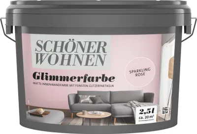 A bucket of paint with a lifestyle image of a living room on the label.
