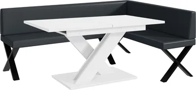 Produktbild von MEBLINI Eckbank für Esszimmer mit ausziehbarem Tisch  - Küchenbank - Essecke - Sitzecke Küche - ERIC - X-Beine 142x196x87cm Rechts - Dunkelgrau Kunstleder/B Weiß Matt