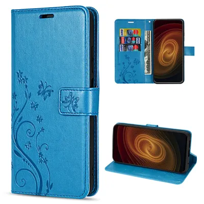A collage of images showing a blue flip phone case with a floral design, a view of the inside with card slots, and the phone in the case standing up.