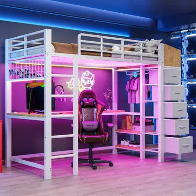 Produktbild von Flieks Etagenbett 90x200cm mit Stoffschubladen und Ablagefächern, Hochbett mit Led und Ladefunktion, Kinderbett Jugendbett mit Schreibtisch, Weiß