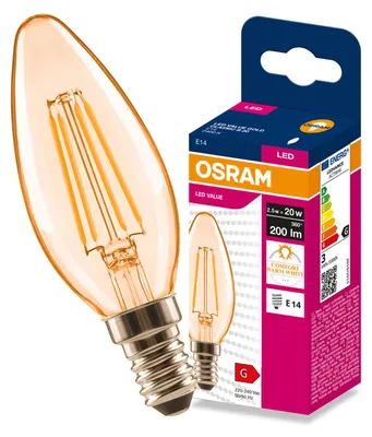 Produktbild von LED-Lampe E14, B35, "Świeczka", 2,5W = 20W, 200lm, 2400K (warmweiß), 300° Filament, VALUE, Osram, KI-generiertes Bild