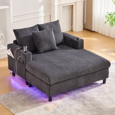 Produktbild von Großzügiger, weicher Chaiselongue-Liegesessel mit seitlichen Getränkehaltern, USB-Anschlüssen, integrierter LED-Ambiente-Beleuchtung – perfekt für Wohnzimmer, Schlafzimmer oder Wintergarten
