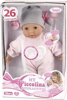 Produktbild von Bayer Design 93829AA My Piccolina Interactive Puppe mit Funktion, sprechend, Babylaute, bewegt den Mund, 38 cm, rosa, grau mit Motiv Schaf