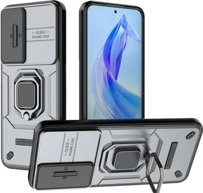 Produktbild von Hülle für Honor 90 Lite Dual Layer Handyhülle Schiebe Kamera Schutz und Ringhalter Ständer Grau