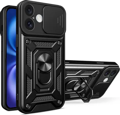 Immagine prodotto di Custodia per iPhone 16, custodia in silicone TPU Bumper con supporto ad anello, protezione per la fotocamera nera