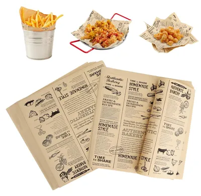 Productafbeelding van 100 vellen bakpapier, 25x25 cm, ook wel bakpapier in krantenstijl genoemd. Ideaal voor mini-broodjes voor hamburgers, sandwiches en gegrilde gerechten. Dit vetdichte voedselpapier is perfect voor streetfood en delicatessen.