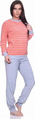 Produktbild von Damen Frottee Pyjama langarm mit Bündchen in edler Streifenoptik - 291 201 13 780 ; rot , 36