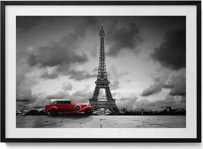 Produktbild von Der Eiffelturm und das rote Auto– Wandbild mit Rahmen – Gerahmtes Bild  – Wanddekoration – 100x70 cm –  Schwarz Rahmen