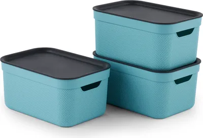 Three blue storage boxes with dark gray lids are stacked and arranged on a white background.