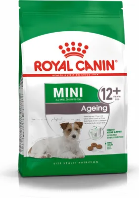 A bag of Royal Canin dog food for mini ageing dogs.