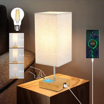 Produktbild von ZMH 1er Set Tischlampe touch dimmbar Nachttischlampe 2 USB - Vintage Tischleuchte mit Ladefunktion E27 Aufladbar Nachtlicht Licht mit Stoff Lampenschirm fš¹r Wohnzimmer Schlafzimmer Bedside - Bulb inklusiv