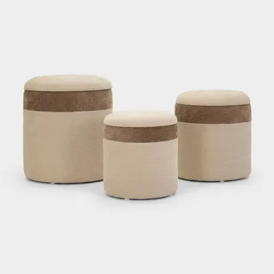 Image de Ensemble de 3 tabourets nordiques avec rangement, en tissu Ankara, design empilable