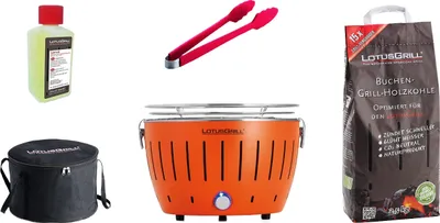 Produktbild von LotusGrill S Small Kompakt Starter-Set Mandarinenorange Holzkohlegrill